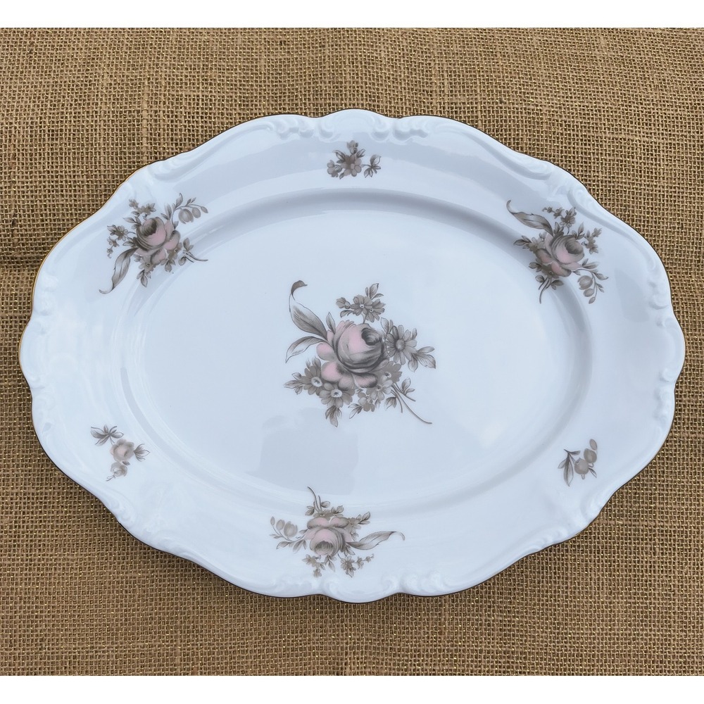 Johann Haviland Sepia Rose 13" Oval Serving Platter Bavaria Germany Vintage Gold
